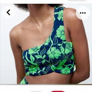 New Zara Womens One Shoulder Crop Top Floral Navy Green Print Size Small NWT